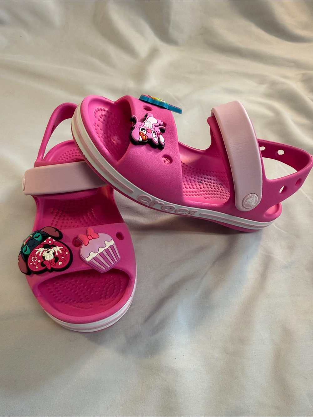 CROCS Kids Hot Pink Adjustable Strap Sandals with bonus jibbitz
